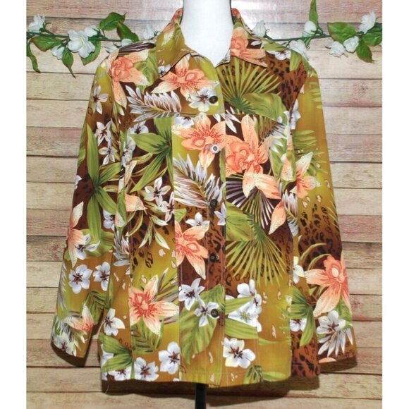 Allison Daley Hawaiian Floral Button Front Jacket Size 18 Long Sleeve Shaket - Picture 3 of 12